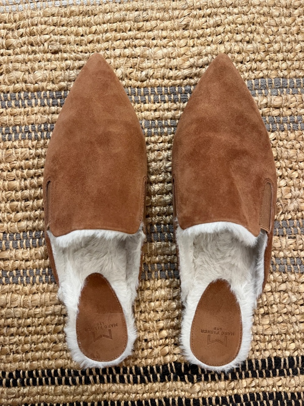 Marc Fisher Pointed Suede Faux-Fur Lined Mules in Chestnut